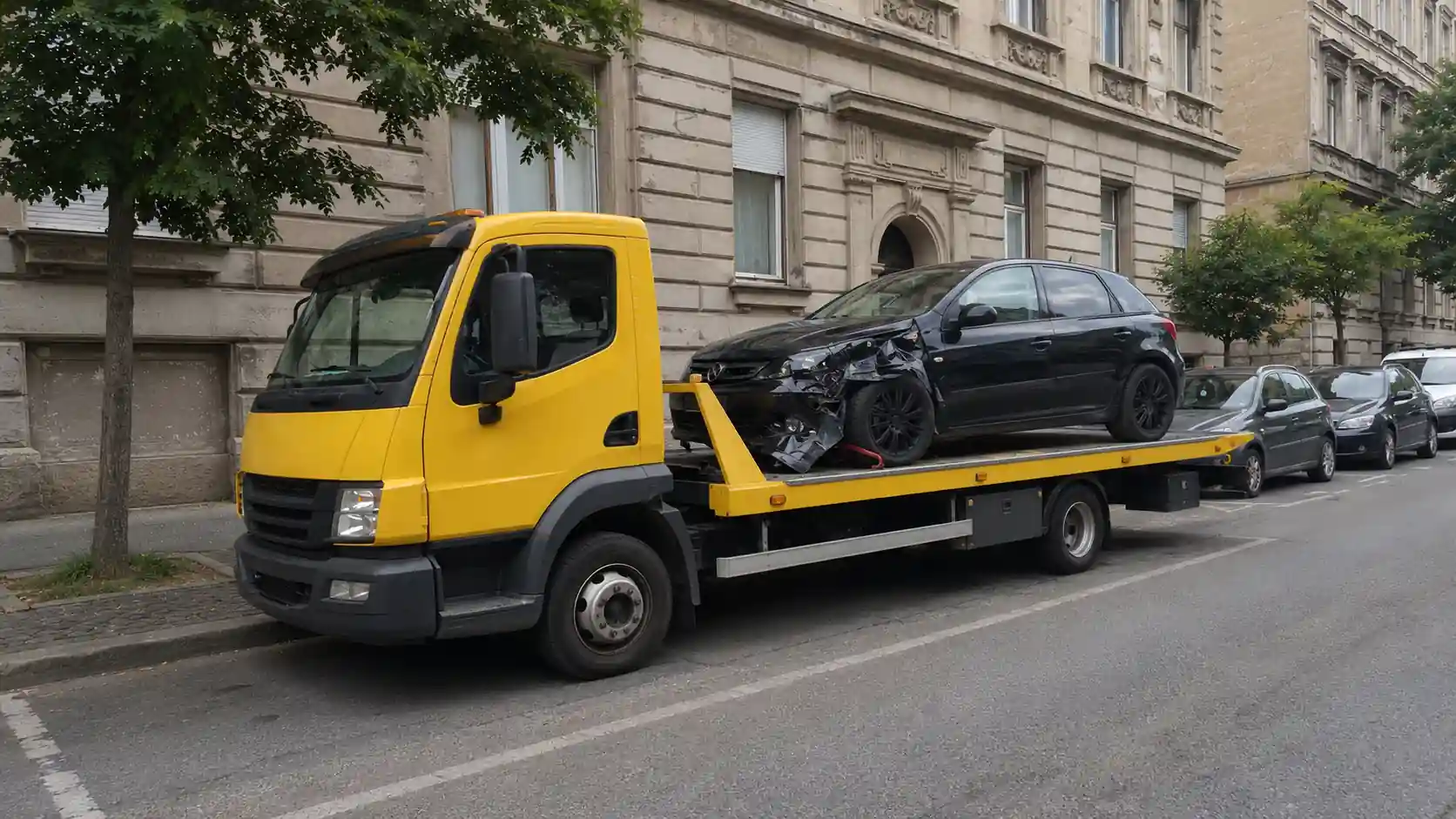 Autómentő tréler autóval a platóján (helykitöltő kép)