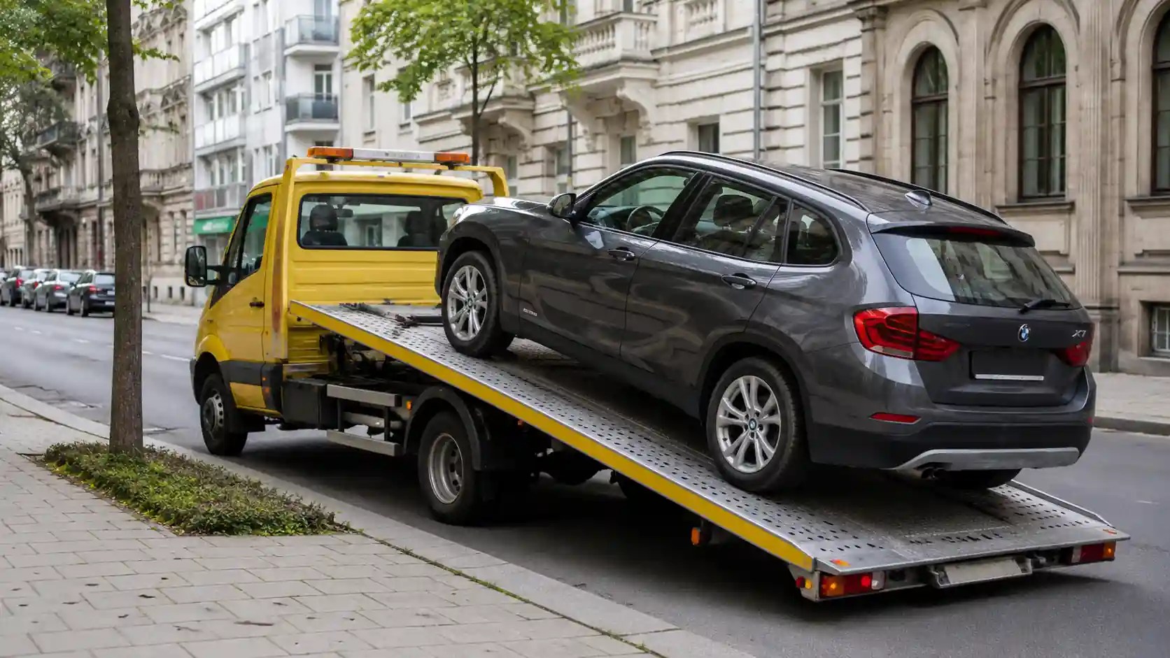 Sárga-fekete autómentő tréler budapesti utcán